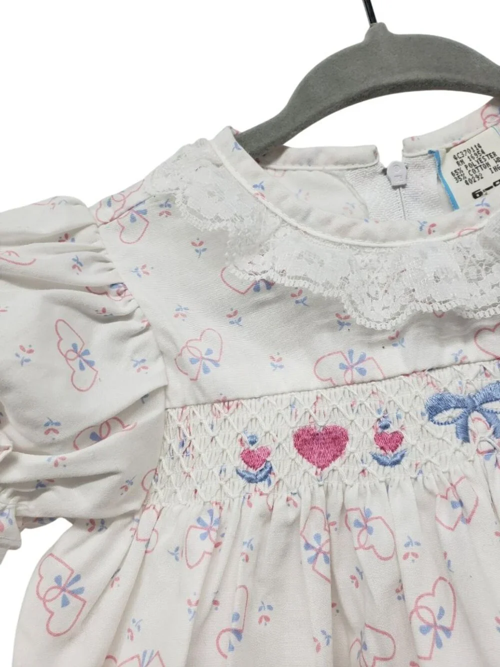 Vintage Baby Girl Smocked Bubble Romper Puff Sleeve Bow Heart White Pink 6-9 Mos